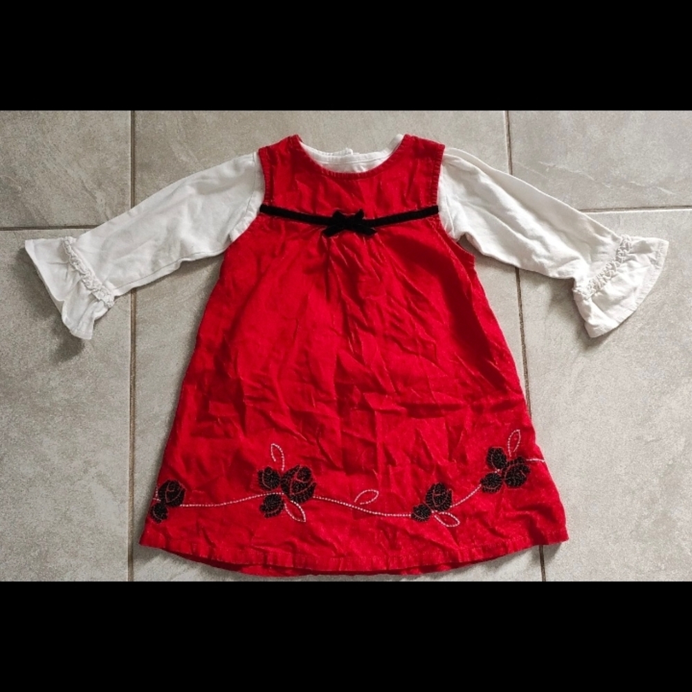 Red and White Dress with Black Floral Accents